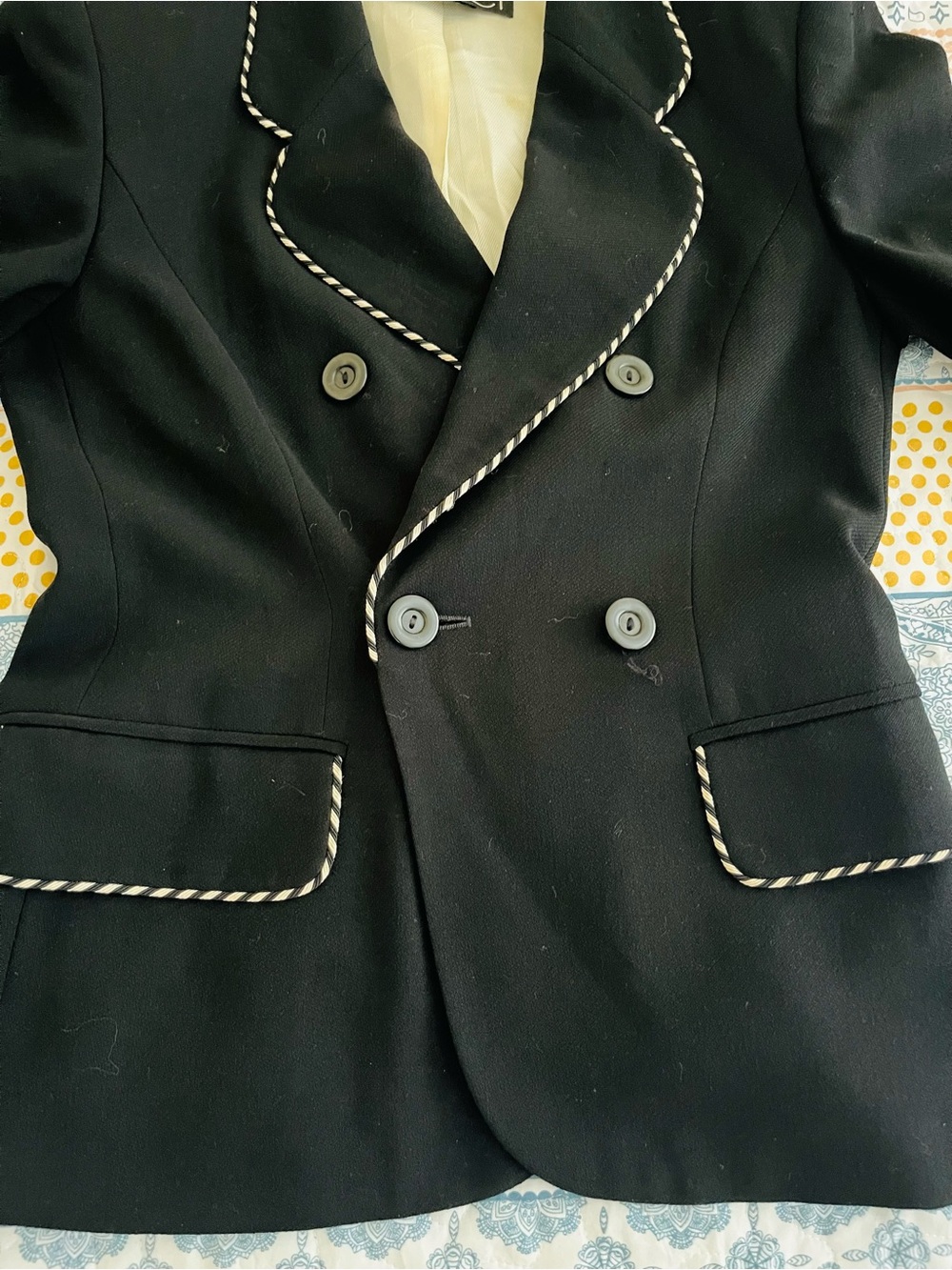Laurel Burch Black Double-Breasted Blazer with White Rope Trim